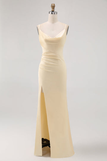 Daffodil Spaghetti Straps Satin Sheath Long Bridesmaid Dress